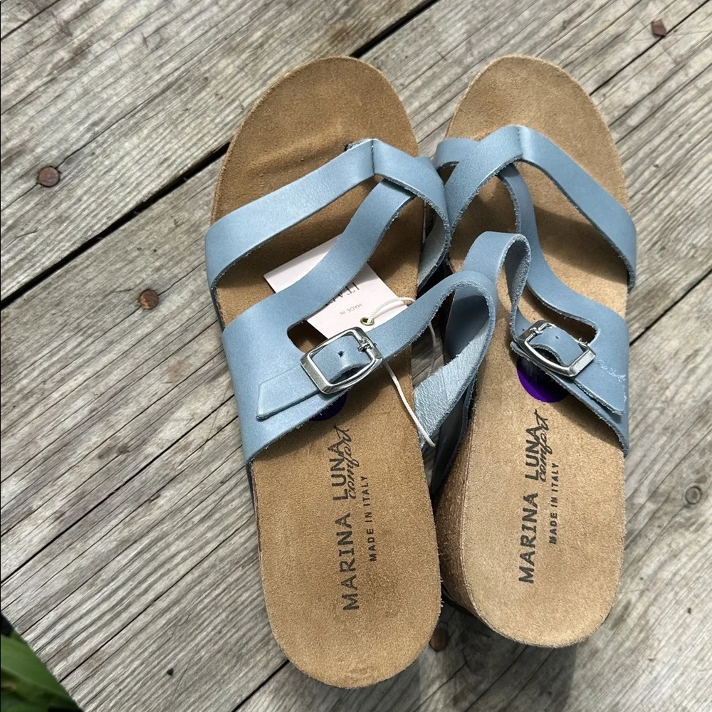 Marina Luna Blue Leather Cork Wedge Sandals